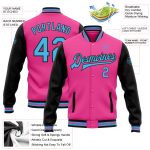 Personalized Pink Sky Blue-Black Bomber Full-Snap Varsity Letterman Two Tone Jacket Team Custom Name and Number