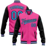Personalized Pink Sky Blue-Black Bomber Full-Snap Varsity Letterman Two Tone Jacket Team Custom Name and Number
