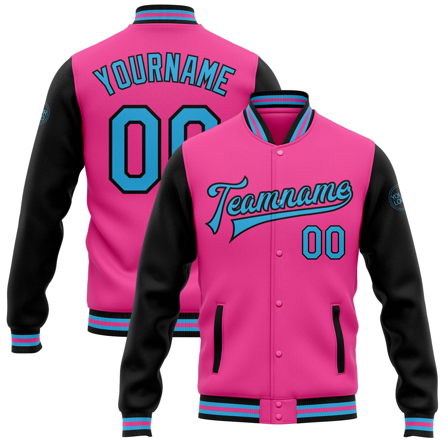 Personalized Pink Sky Blue-Black Bomber Full-Snap Varsity Letterman Two Tone Jacket Team Custom Name and Number