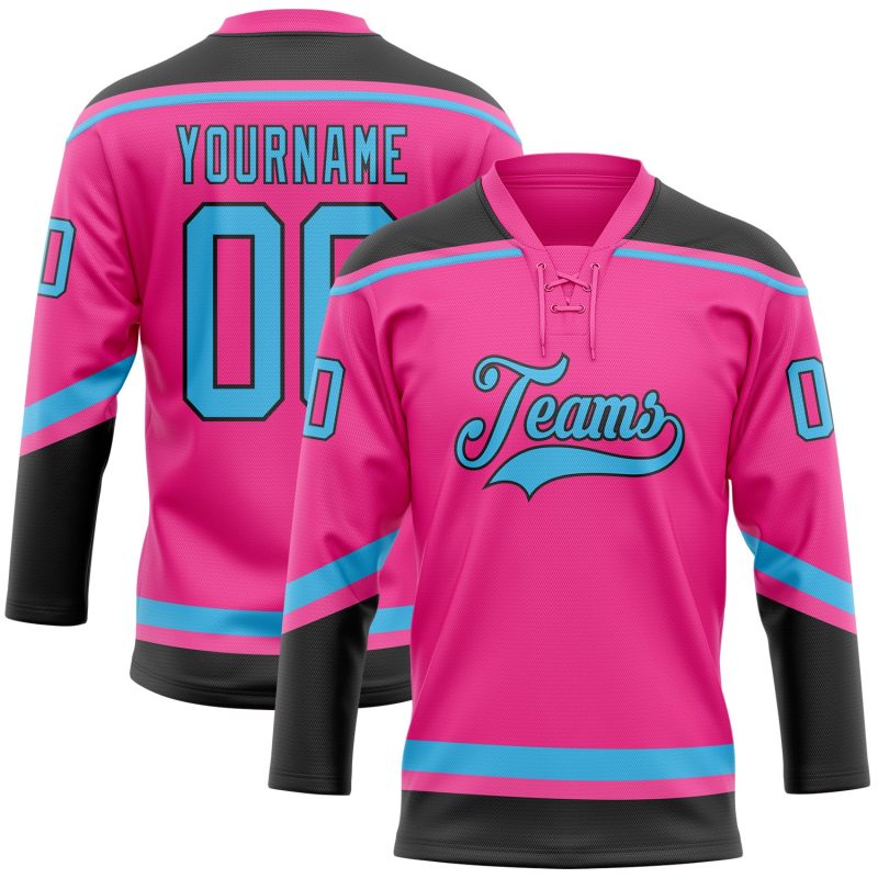 Personalized Pink Sky Blue-Black Hockey Lace Neck Jersey Team Custom Name and Number