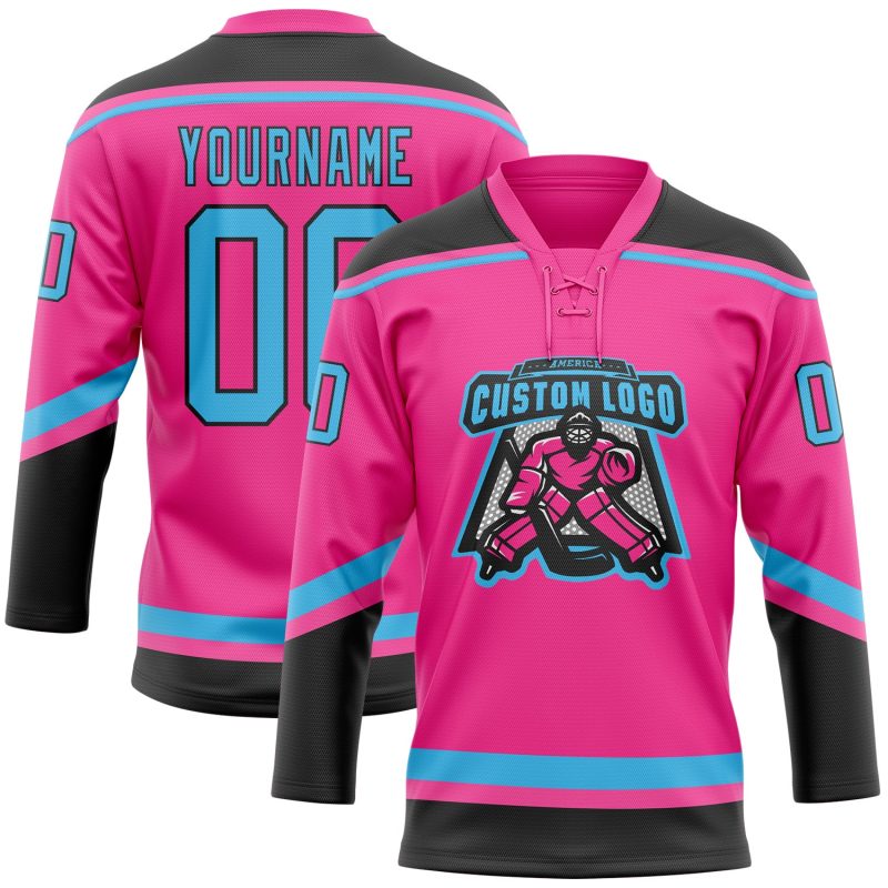Personalized Pink Sky Blue-Black Hockey Lace Neck Jersey Team Custom Name and Number