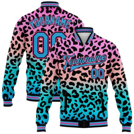 Personalized Pink Sky Blue-Black Leopard Print 3D Pattern Design Bomber Full-Snap Varsity Letterman Jacket
