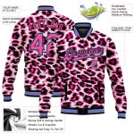 Personalized Pink Sky Blue-Black Leopard Print 3D Pattern Design Bomber Full-Snap Varsity Letterman Jacket Team Custom Name and Number