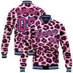 Personalized Pink Sky Blue-Black Leopard Print 3D Pattern Design Bomber Full-Snap Varsity Letterman Jacket Team Custom Name and Number