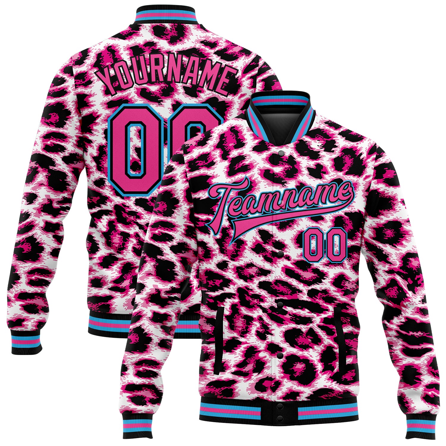 Personalized Pink Sky Blue-Black Leopard Print 3D Pattern Design Bomber Full-Snap Varsity Letterman Jacket Team Custom Name and Number