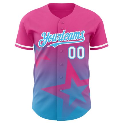 Personalized Pink Sky Blue-White 3D Pattern Design Gradient Style Twinkle Star Authentic Baseball Jersey Team Custom Name and Number