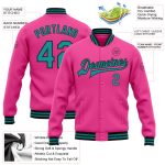 Personalized Pink Teal-Black Bomber Full-Snap Varsity Letterman Jacket Team Custom Name and Number