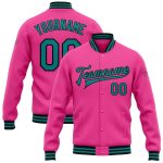 Personalized Pink Teal-Black Bomber Full-Snap Varsity Letterman Jacket Team Custom Name and Number