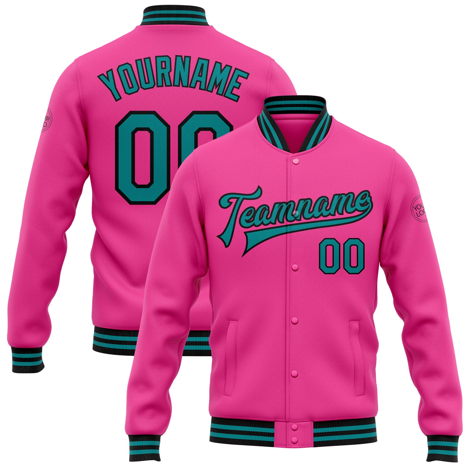 Personalized Pink Teal-Black Bomber Full-Snap Varsity Letterman Jacket Team Custom Name and Number