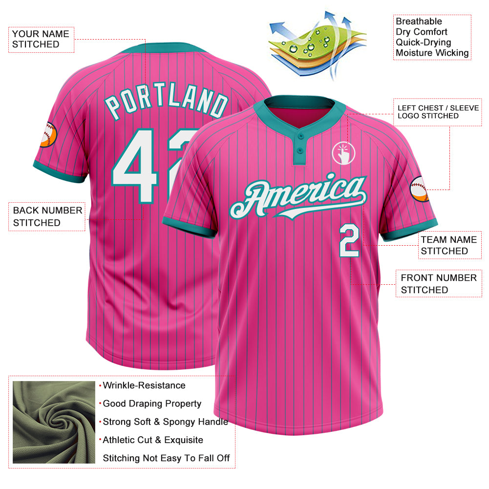 Personalized Pink Teal Pinstripe White Two-Button Unisex Softball Jersey Team Custom Name and Number Personalized Pink Teal Pinstripe White Two-Button Unisex Softball Jersey Team Custom Name and Number - Image 3