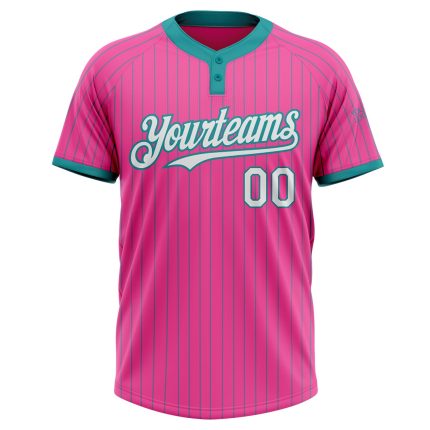 Personalized Pink Teal Pinstripe White Two-Button Unisex Softball Jersey Team Custom Name and Number