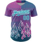 Personalized Pink Teal-White 3D Pattern Design Flame Authentic Baseball Jersey Team Custom Name and Number