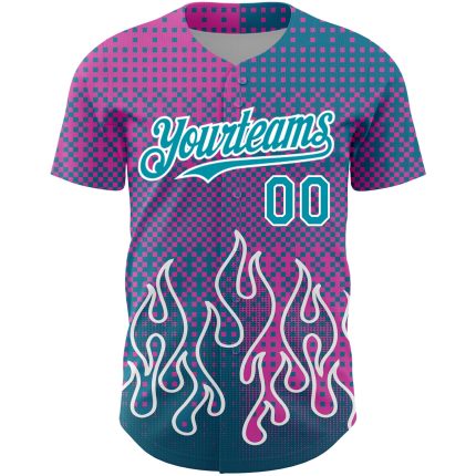 Personalized Pink Teal-White 3D Pattern Design Flame Authentic Baseball Jersey Team Custom Name and Number