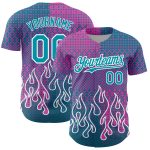 Personalized Pink Teal-White 3D Pattern Design Flame Authentic Baseball Jersey Team Custom Name and Number
