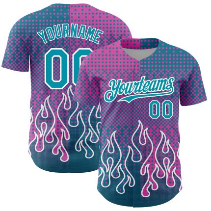 Personalized Pink Teal-White 3D Pattern Design Flame Authentic Baseball Jersey Team Custom Name and Number