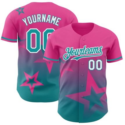 Personalized Pink Teal-White 3D Pattern Design Gradient Style Twinkle Star Authentic Baseball Jersey Team Custom Name and Number