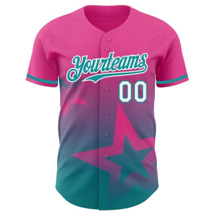 Personalized Pink Teal-White 3D Pattern Design Gradient Style Twinkle Star Authentic Baseball Jersey Team Custom Name and Number