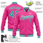 Personalized Pink Teal-White Bomber Full-Snap Varsity Letterman Jacket Team Custom Name and Number