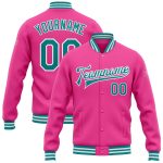 Personalized Pink Teal-White Bomber Full-Snap Varsity Letterman Jacket Team Custom Name and Number