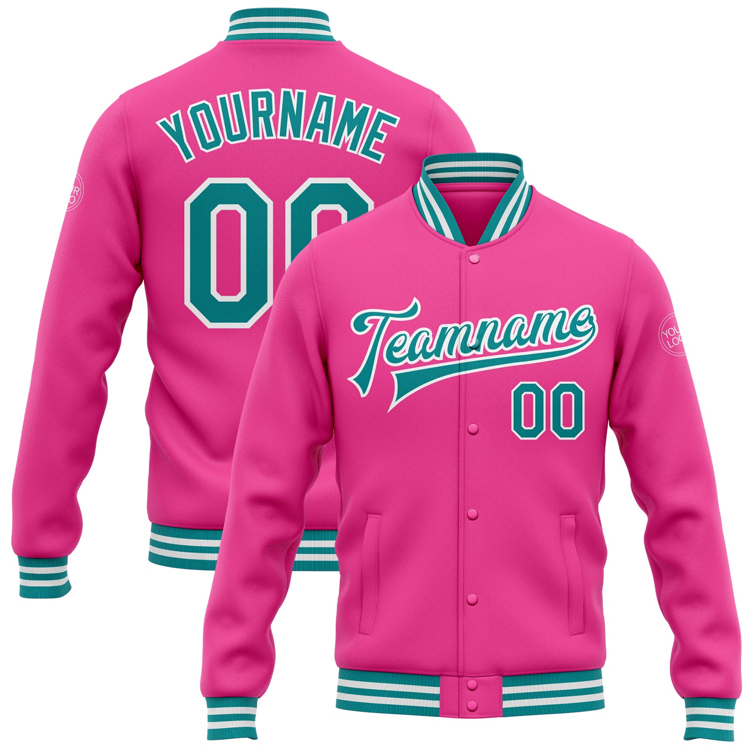 Personalized Pink Teal-White Bomber Full-Snap Varsity Letterman Jacket Team Custom Name and Number
