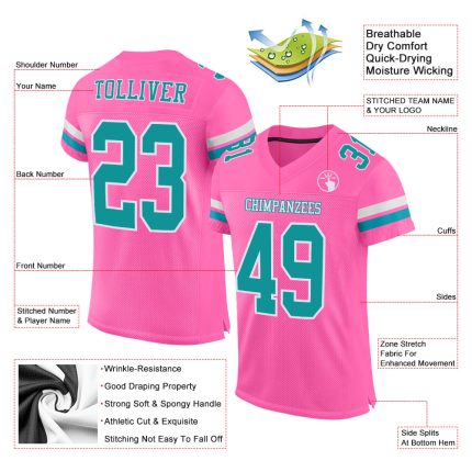 Personalized Pink Teal-White Mesh Authentic Football Jersey Team Custom Name and Number