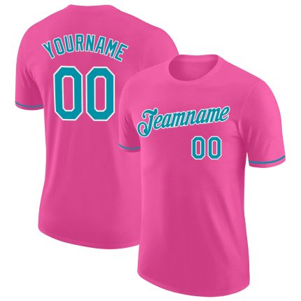 Personalized Pink Teal-White Performance T-Shirt Team Custom Name and Number