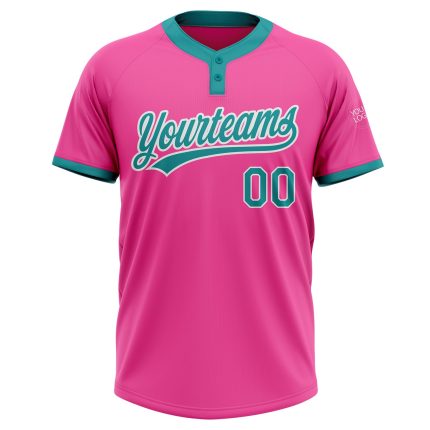 Personalized Pink Teal-White Two-Button Unisex Softball Jersey Team Custom Name and Number