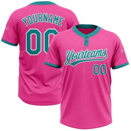 Personalized Pink Teal-White Two-Button Unisex Softball Jersey Team Custom Name and Number