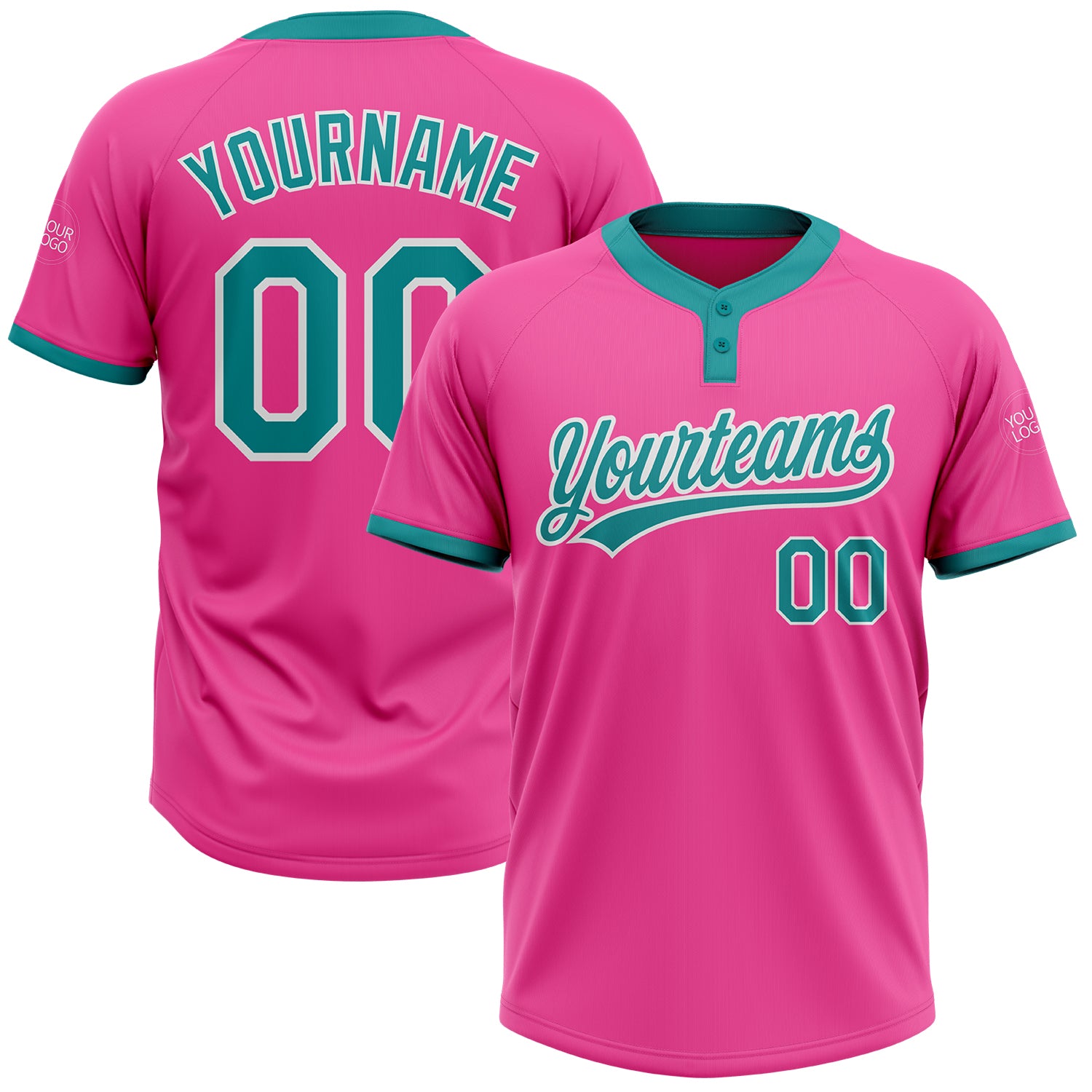 Personalized Pink Teal-White Two-Button Unisex Softball Jersey Team Custom Name and Number