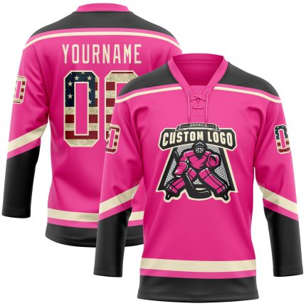 Personalized Pink Vintage USA Flag Black-Cream Hockey Lace Neck Jersey Team Custom Name and Number
