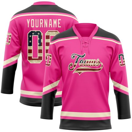 Personalized Pink Vintage USA Flag Black-Cream Hockey Lace Neck Jersey Team Custom Name and Number