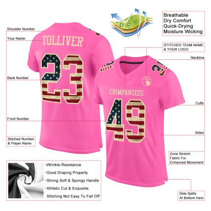 Personalized Pink Vintage USA Flag-City Cream Mesh Authentic Football Jersey Team Custom Name and Number
