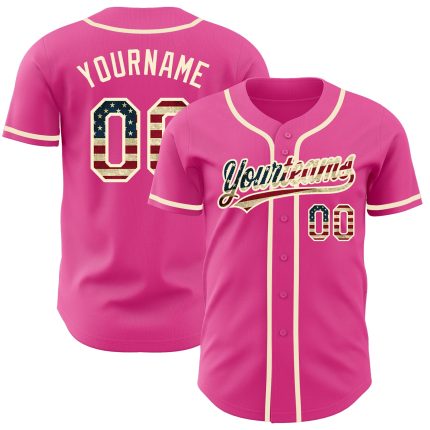 Personalized Pink Vintage USA Flag-Cream Authentic Baseball Jersey Team Custom Name and Number