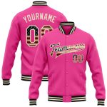 Personalized Pink Vintage USA Flag Cream-Black Bomber Full-Snap Varsity Letterman Jacket Team Custom Name and Number