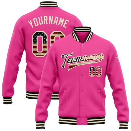 Personalized Pink Vintage USA Flag Cream-Black Bomber Full-Snap Varsity Letterman Jacket Team Custom Name and Number