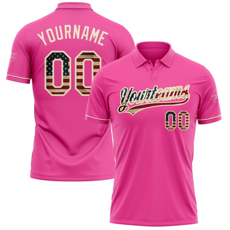 Personalized Pink Vintage USA Flag-Cream Performance Vapor Golf Polo Shirt Team Custom Name and Number