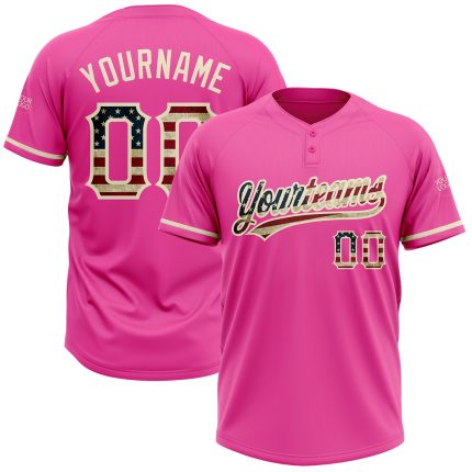Personalized Pink Vintage USA Flag-Cream Two-Button Unisex Softball Jersey Team Custom Name and Number