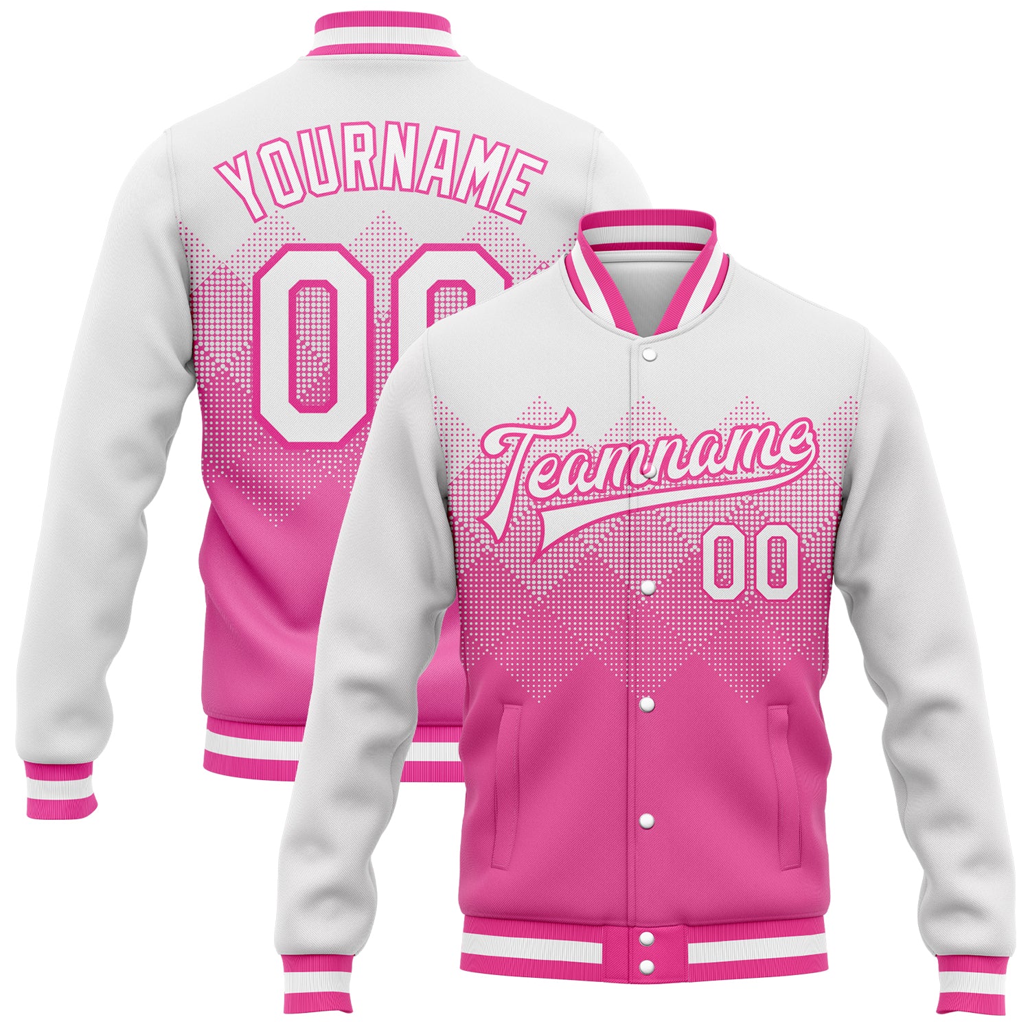 Personalized Pink White 3D Pattern Design Bomber Full-Snap Varsity Letterman Jacket Team Custom Name and Number