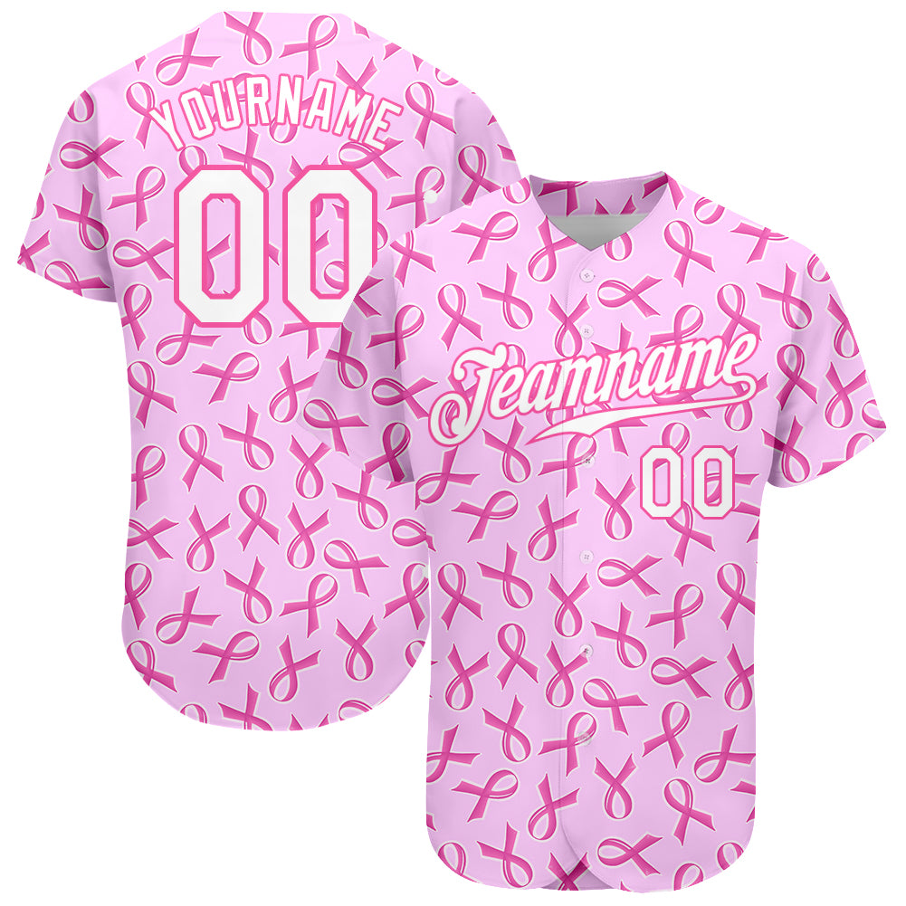 Personalized Pink White 3D Pattern Design Breast Cancer Authentic Baseball Jersey Team Custom Name and Number