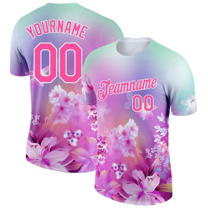 Personalized Pink White 3D Pattern Design Flowers Performance T-Shirt