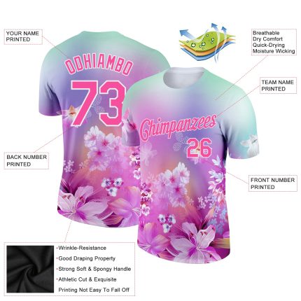 Personalized Pink White 3D Pattern Design Flowers Performance T-Shirt
