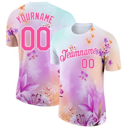 Personalized Pink White 3D Pattern Design Flowers Performance T-Shirt Team Custom Name and Number