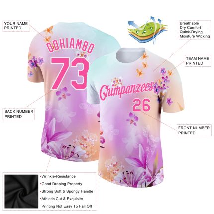 Personalized Pink White 3D Pattern Design Flowers Performance T-Shirt Team Custom Name and Number