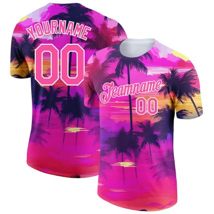 Personalized Pink White 3D Pattern Design Tropical Hawaii Palms Trees Performance T-Shirt Team Custom Name and Number