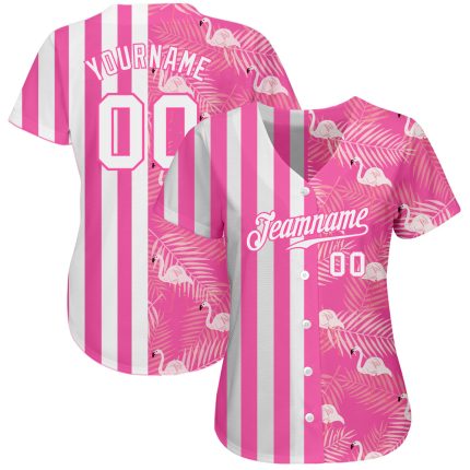 Personalized Pink White 3D Pattern Design Tropical Palm Leaves And Famingo Authentic Baseball Jersey Team Custom Name and Number