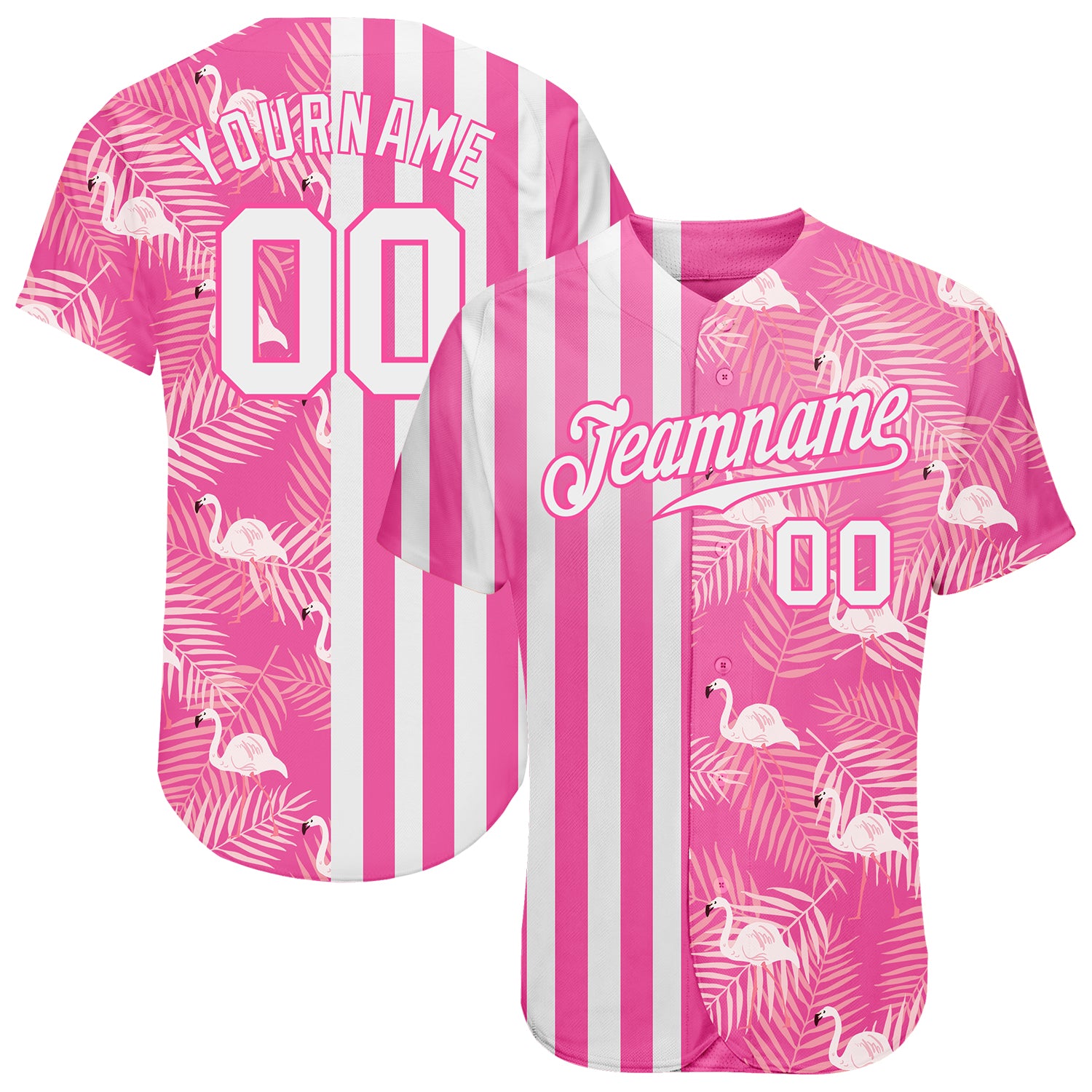 Personalized Pink White 3D Pattern Design Tropical Palm Leaves And Famingo Authentic Baseball Jersey Team Custom Name and Number