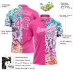 Personalized Pink White 3D Pattern Design Tropical Palm Leaves Performance Golf Polo Shirt Team Custom Name and Number