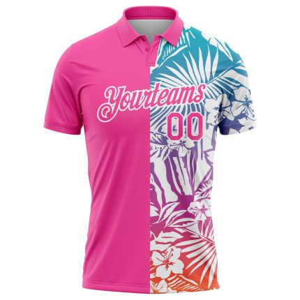 Personalized Pink White 3D Pattern Design Tropical Palm Leaves Performance Golf Polo Shirt Team Custom Name and Number