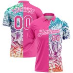 Personalized Pink White 3D Pattern Design Tropical Palm Leaves Performance Golf Polo Shirt Team Custom Name and Number