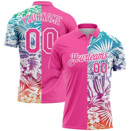 Personalized Pink White 3D Pattern Design Tropical Palm Leaves Performance Golf Polo Shirt Team Custom Name and Number
